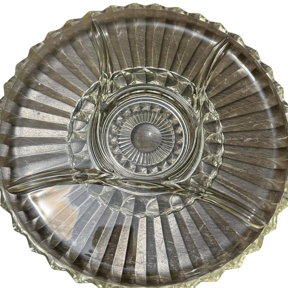 Vintage MCM Sunburst Cut Crystal Glass Round Serving Tray 5 Divided Platter 12"